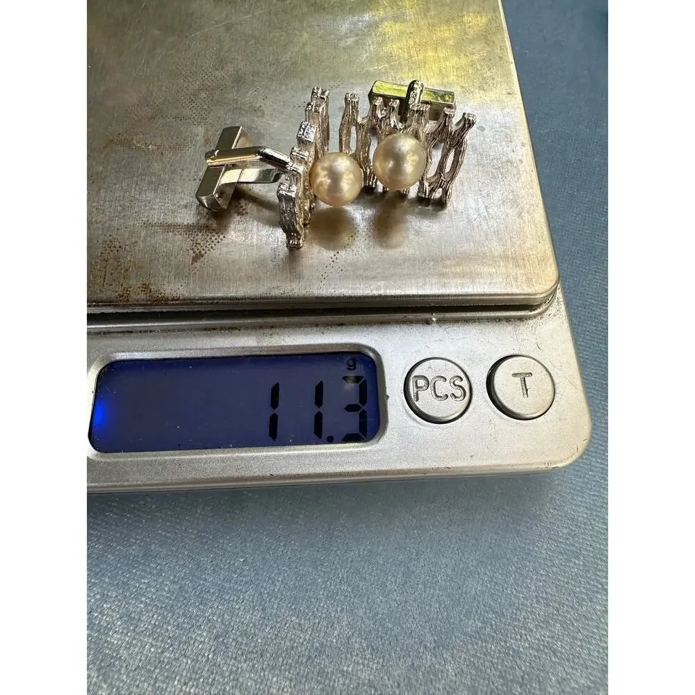Vintage Mid Century Brutalist Sterling Silver Pearl Cufflinks Abstract Openwork